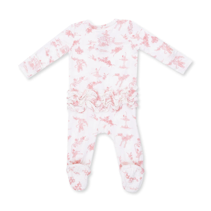 Angel Dear Ballet Toile 2-way Ruffle Back Zipper Footie alternate view of the baby footie showing the ballet toile 2-way design and coordinating trim
