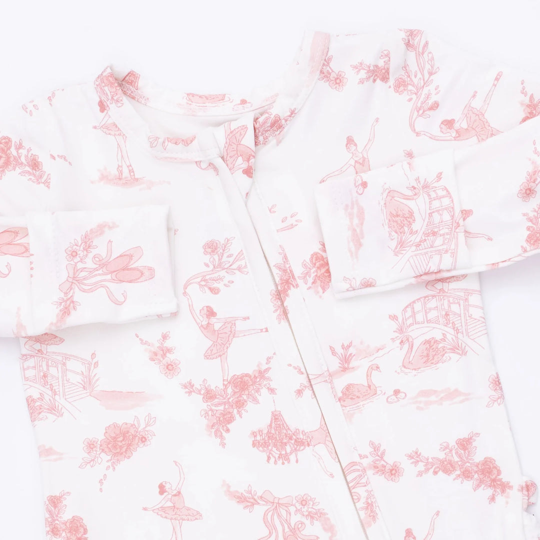 Angel Dear Ballet Toile 2-way Ruffle Back Zipper Footie close-up of the baby footie highlighting the print, closures, and finishing details