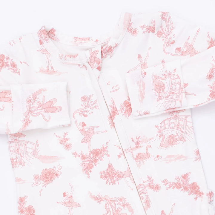 Angel Dear Ballet Toile 2-way Ruffle Back Zipper Footie close-up of the baby footie highlighting the print, closures, and finishing details