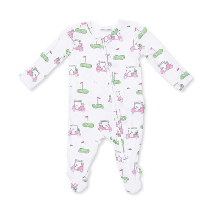 Angel Dear Golf Carts Pink 2-way Ruffle Back Zipper Footie front view of the baby footie highlighting the silhouette and golf carts pink 2-way design