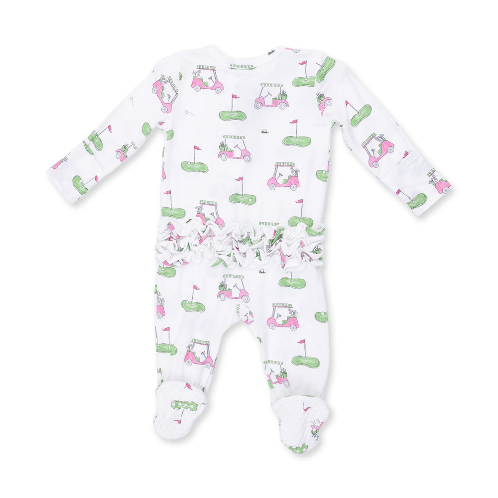 Angel Dear Golf Carts Pink 2-way Ruffle Back Zipper Footie alternate view of the baby footie showing the golf carts pink 2-way design and coordinating trim