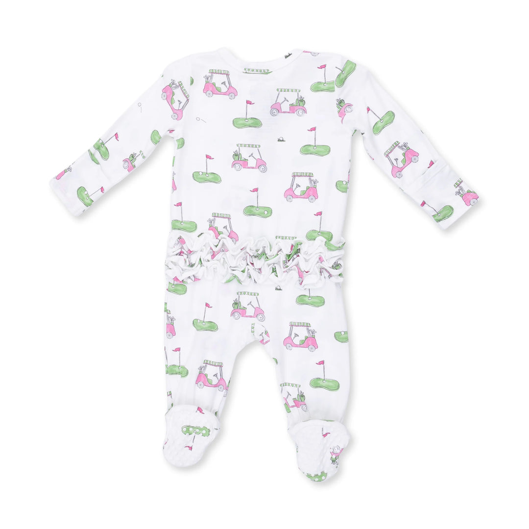 Angel Dear Golf Carts Pink 2-way Ruffle Back Zipper Footie alternate view of the baby footie showing the golf carts pink 2-way design and coordinating trim