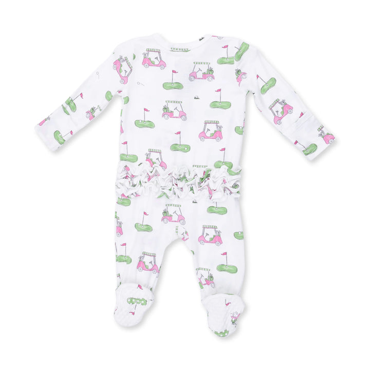 Angel Dear Golf Carts Pink 2-way Ruffle Back Zipper Footie alternate view of the baby footie showing the golf carts pink 2-way design and coordinating trim