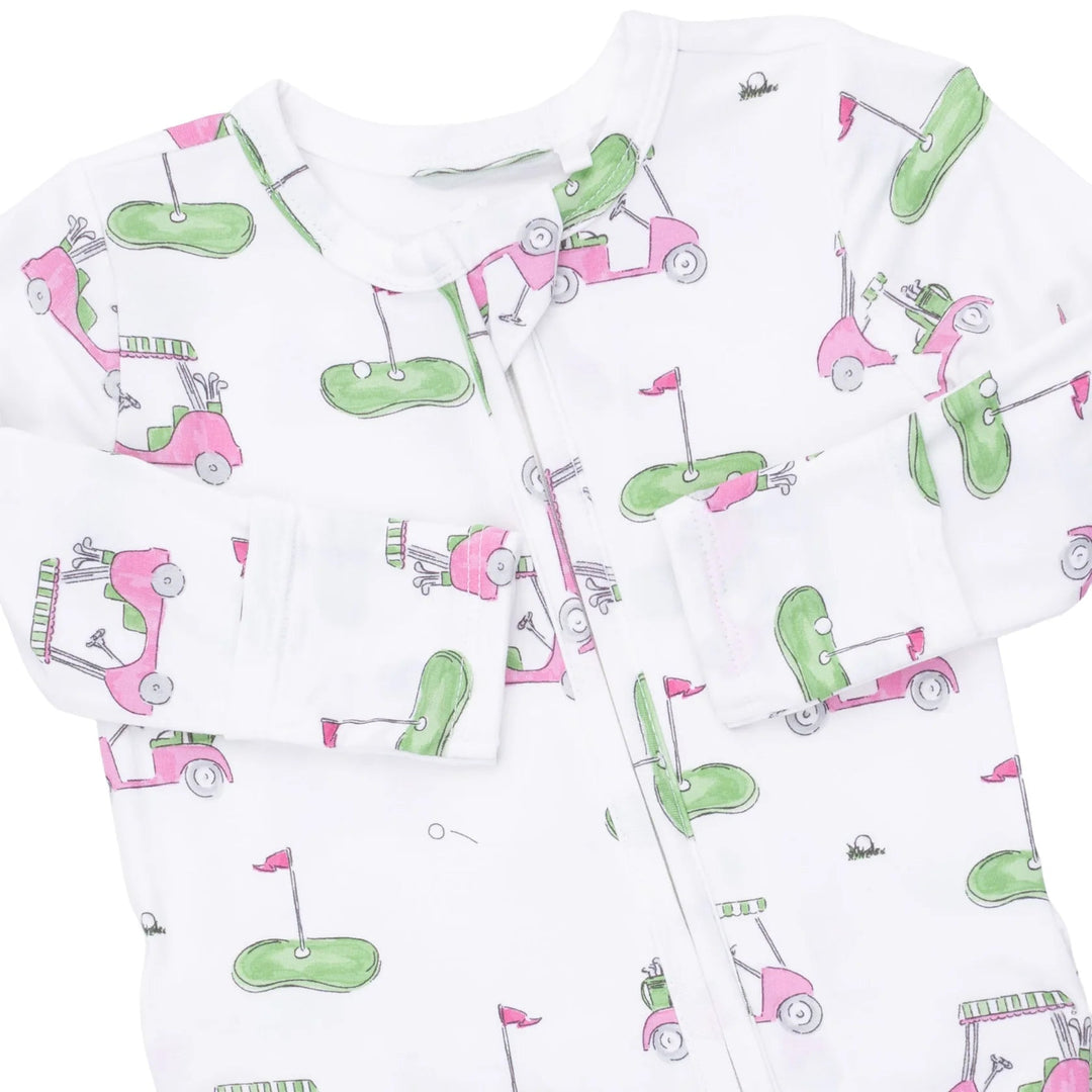 Angel Dear Golf Carts Pink 2-way Ruffle Back Zipper Footie close-up of the baby footie highlighting the print, closures, and finishing details