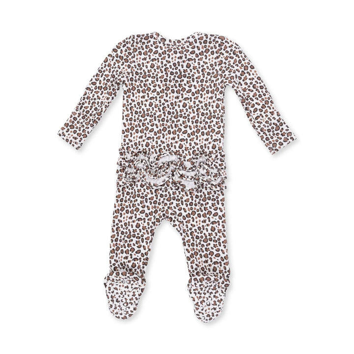 Angel Dear Leopard Rib 2-way Ruffle Back Zipper Footie alternate view of the baby footie showing the leopard rib 2-way design and coordinating trim
