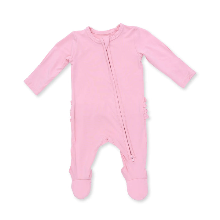 Angel Dear Solid Candy Pink 2-way Ruffle Back Zipper Footie front view of the baby footie highlighting the silhouette and candy pink 2-way design