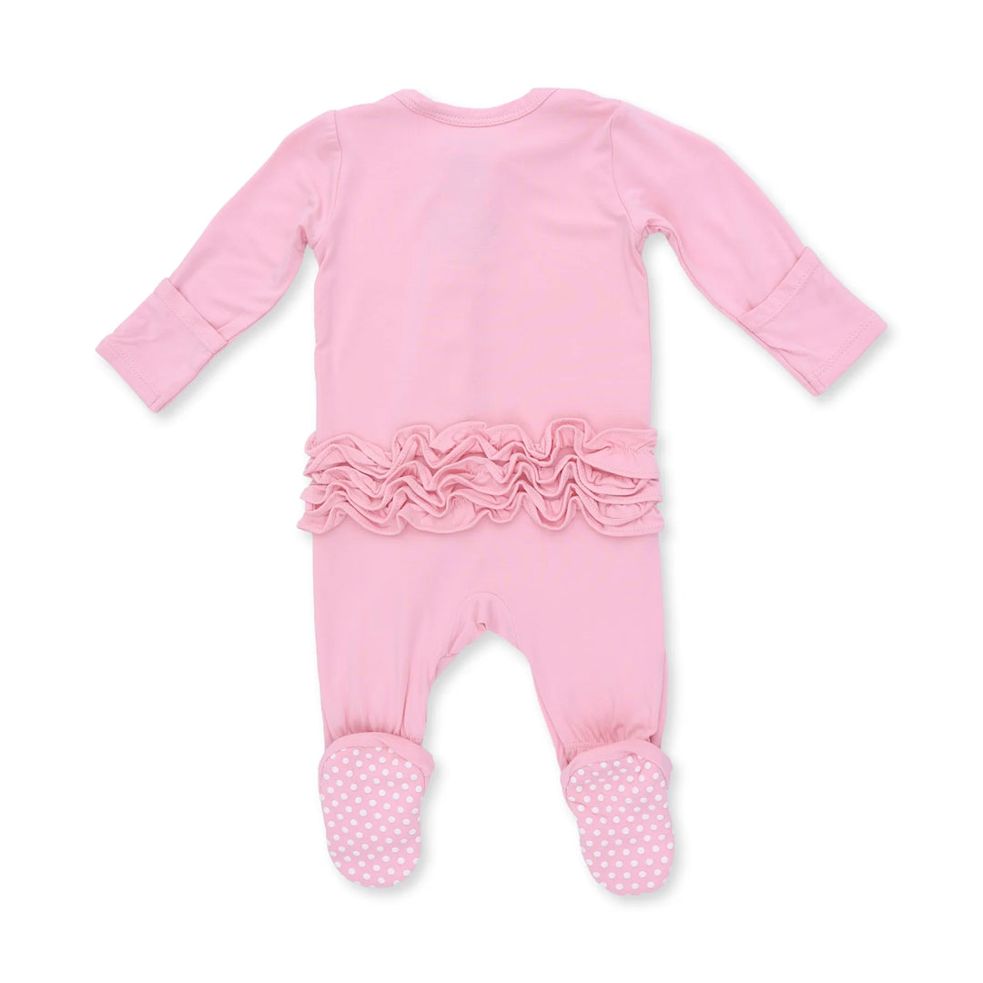 Angel Dear Solid Candy Pink 2-way Ruffle Back Zipper Footie alternate view of the baby footie showing the candy pink 2-way design and coordinating trim