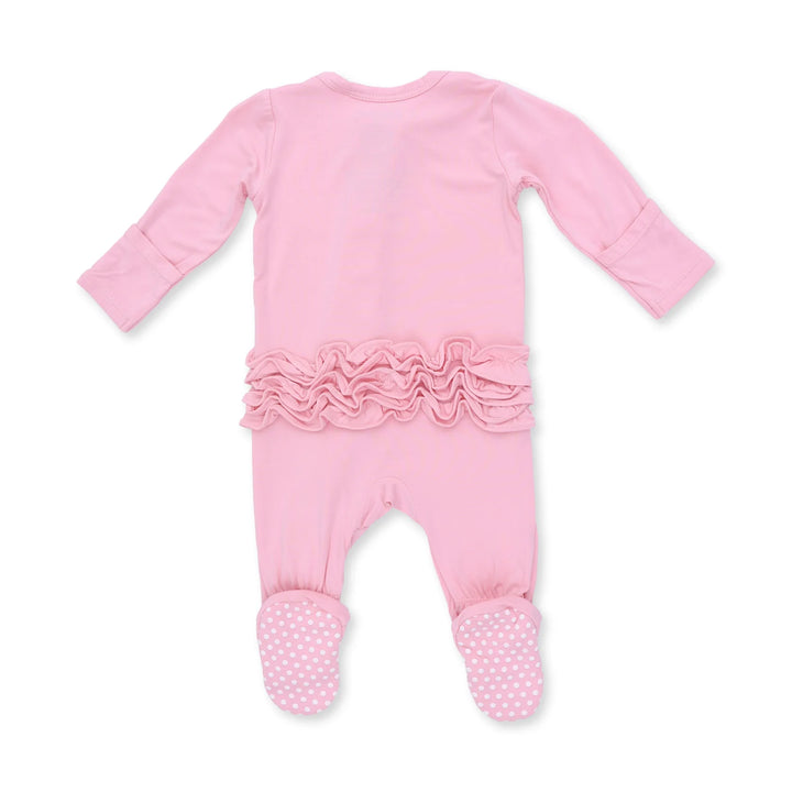 Angel Dear Solid Candy Pink 2-way Ruffle Back Zipper Footie alternate view of the baby footie showing the candy pink 2-way design and coordinating trim