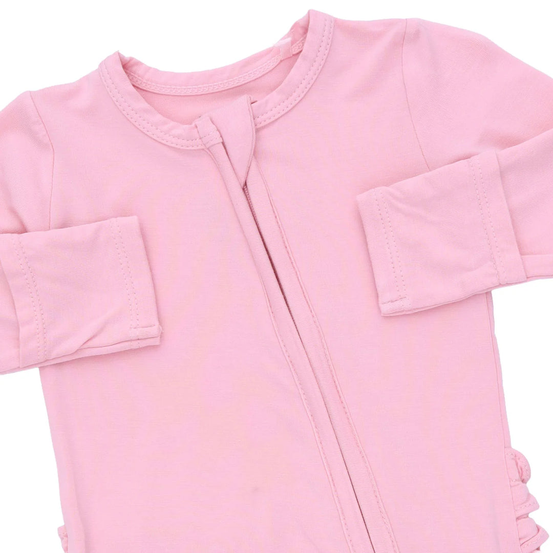 Angel Dear Solid Candy Pink 2-way Ruffle Back Zipper Footie close-up of the baby footie highlighting the print, closures, and finishing details