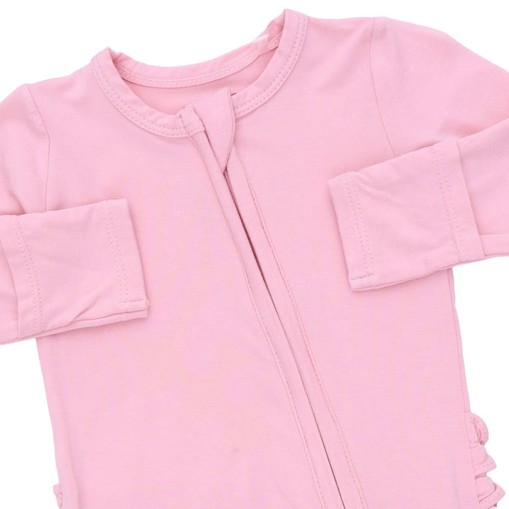 Angel Dear Solid Candy Pink 2-way Ruffle Back Zipper Footie close-up of the baby footie highlighting the print, closures, and finishing details