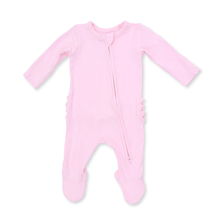 Angel Dear Solid Pink A Boo 2-way Ruffle Back Zipper Footie front view of the baby footie highlighting the silhouette and pink a boo 2-way design