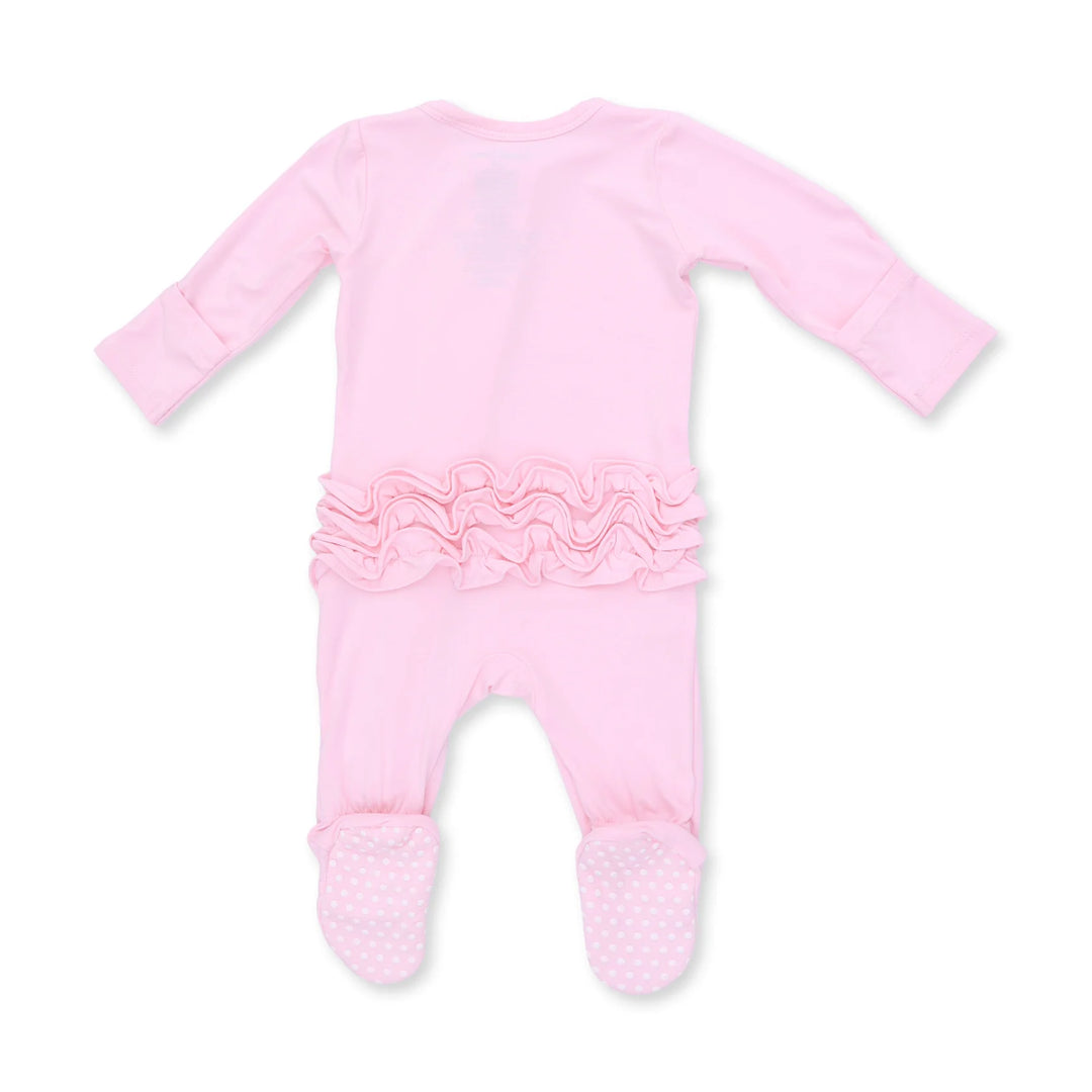 Angel Dear Solid Pink A Boo 2-way Ruffle Back Zipper Footie alternate view of the baby footie showing the pink a boo 2-way design and coordinating trim
