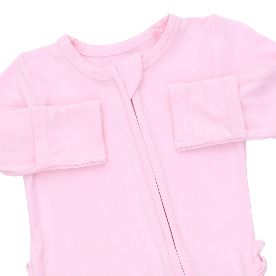 Angel Dear Solid Pink A Boo 2-way Ruffle Back Zipper Footie close-up of the baby footie highlighting the print, closures, and finishing details