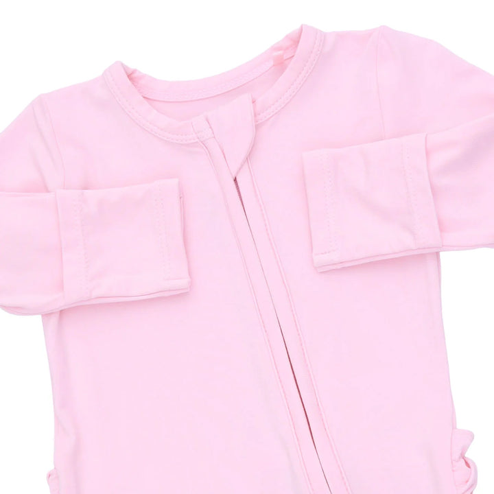 Angel Dear Solid Pink A Boo 2-way Ruffle Back Zipper Footie close-up of the baby footie highlighting the print, closures, and finishing details