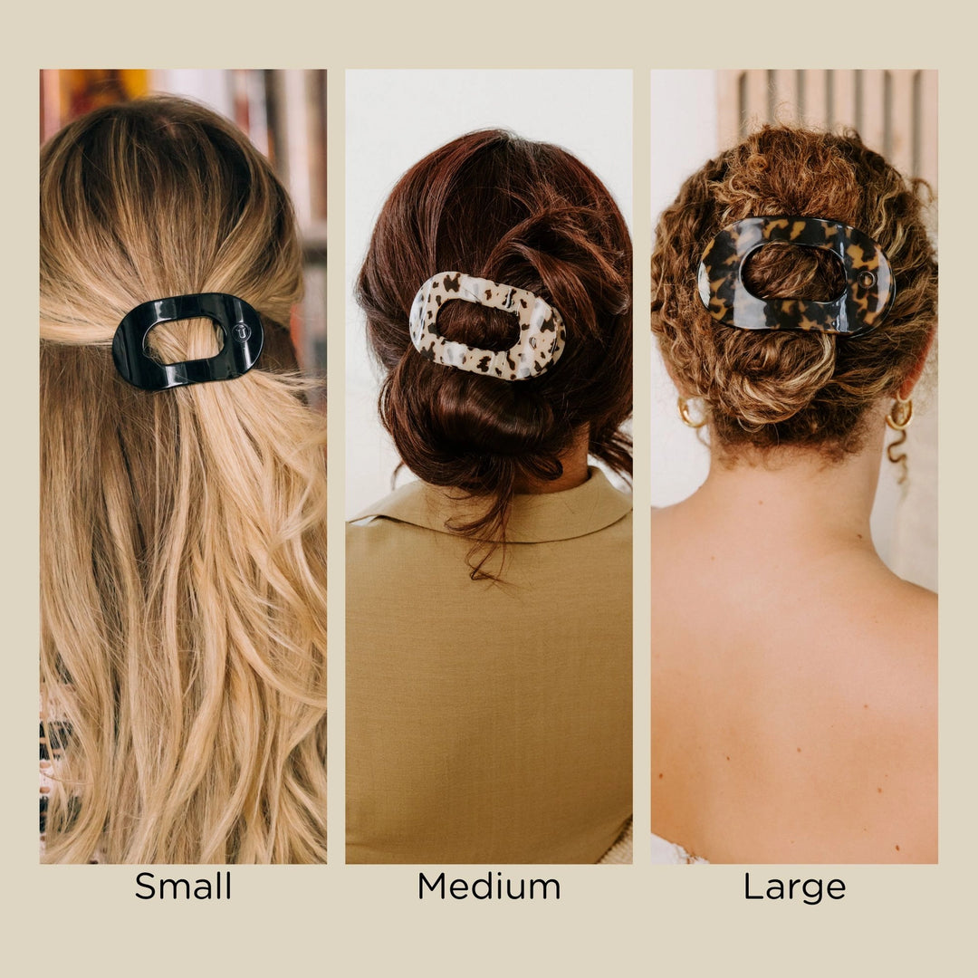 Three vertical panels show women's hair clips in use on the back of the head, labeled Small, Medium, and Large. The clips are rectangular with rounded corners and different patterns: solid black on the left, leopard print in the middle, and tortoiseshell on the right.