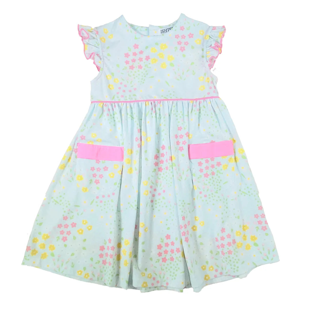 Little girls light blue floral dress with pink trim flutter sleeves and front pockets spring Easter outfit | Walker Boutique