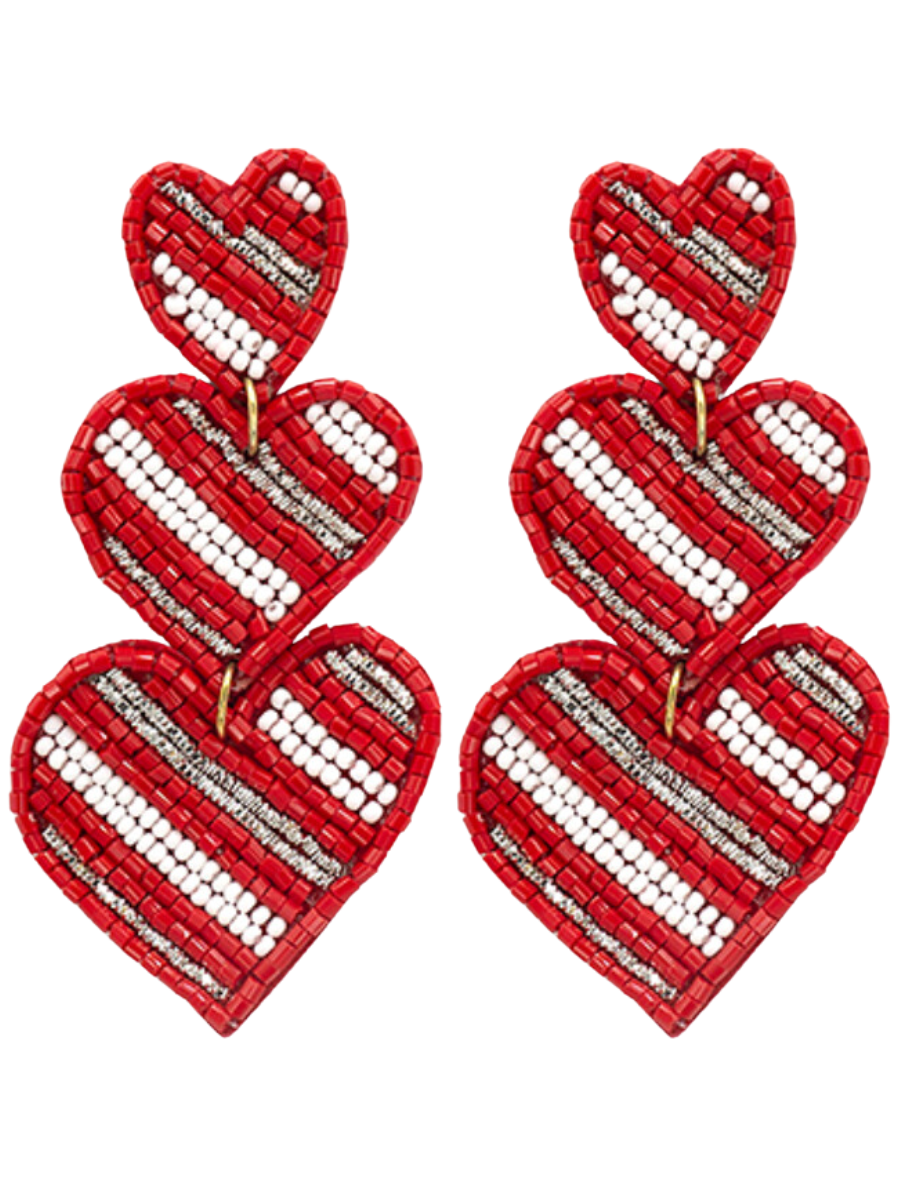 RED STRIPE 3 HEART EARRINGS