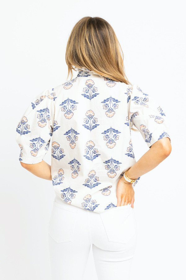 KARLIE: IVORY VINTAGE FLORAL RUFFLE NECK BUTTON UP TOP