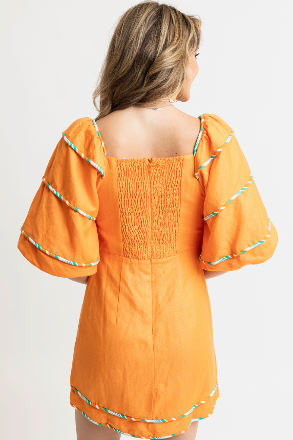 KARLIE: ORANGE MULTI STRIPE SWEETHEART PUFF SLEEVE DRESS