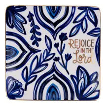 BLUE FLORAL TRINKET DISH WITH "REJOICE TO THE LORD" IN GOLD WRITING ON WHITE BACKGROUND