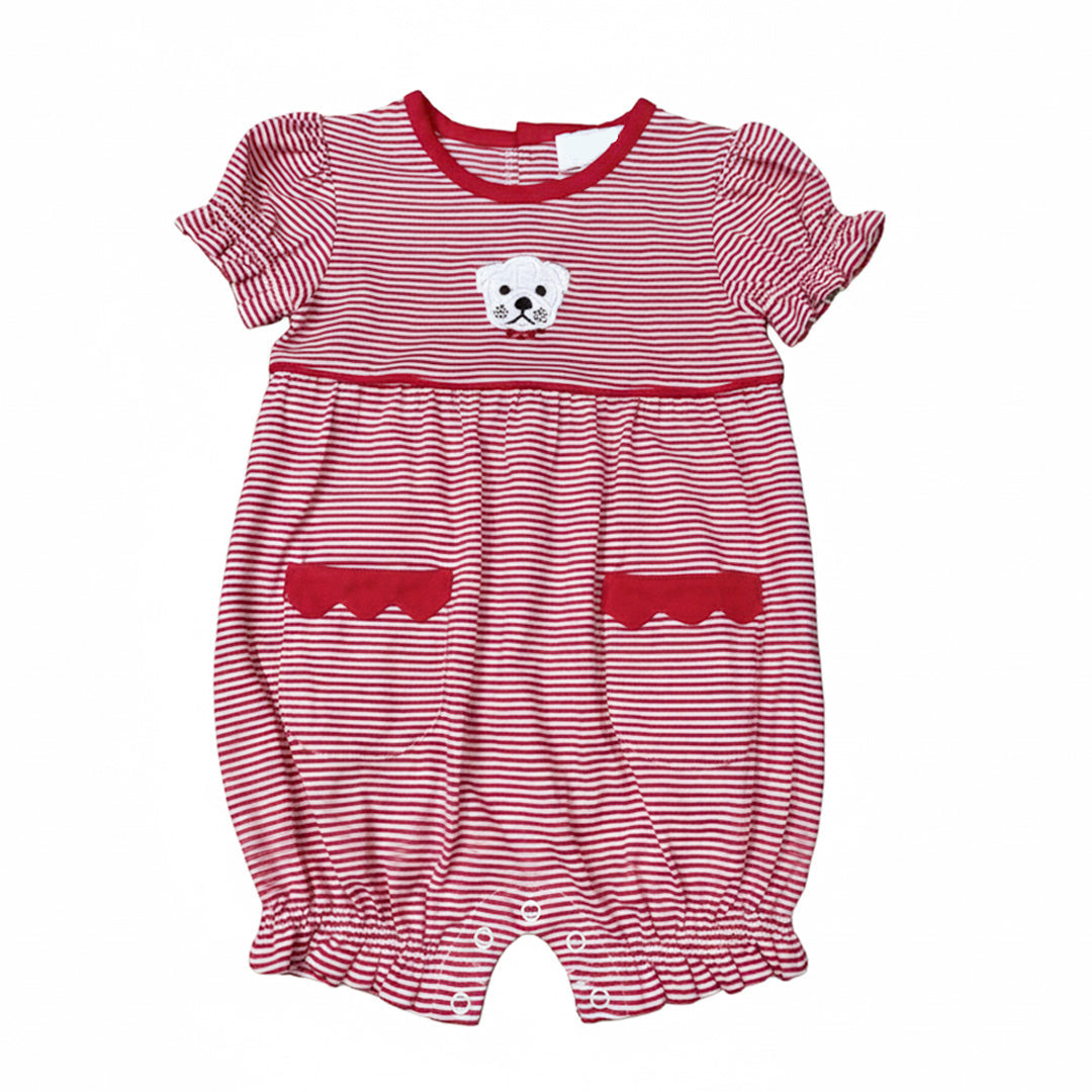 Red and white striped baby romper with a dog design on a white background