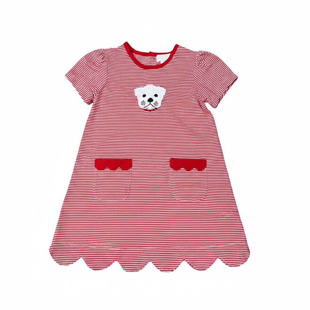 Red and white striped dress with a dog face design on a white background