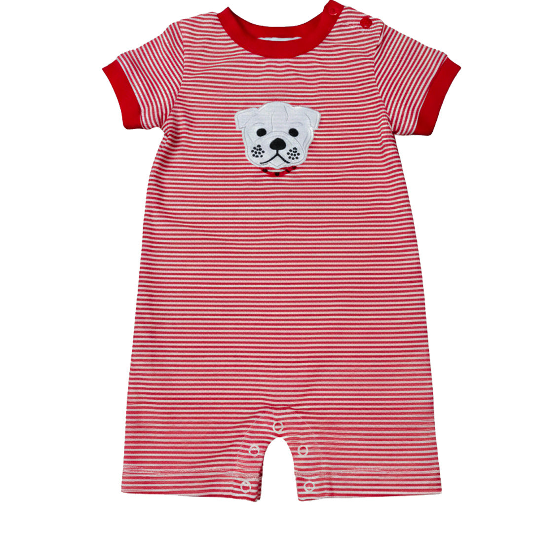 Red and white striped baby romper with a dog face design on a white background