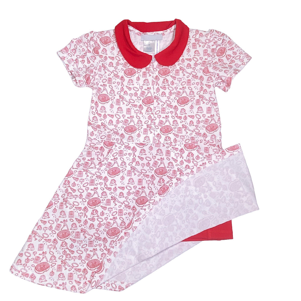 Children's dress with pink pattern and red collar on a white background