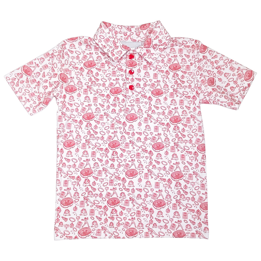 Short-sleeve shirt with red pattern on a white background