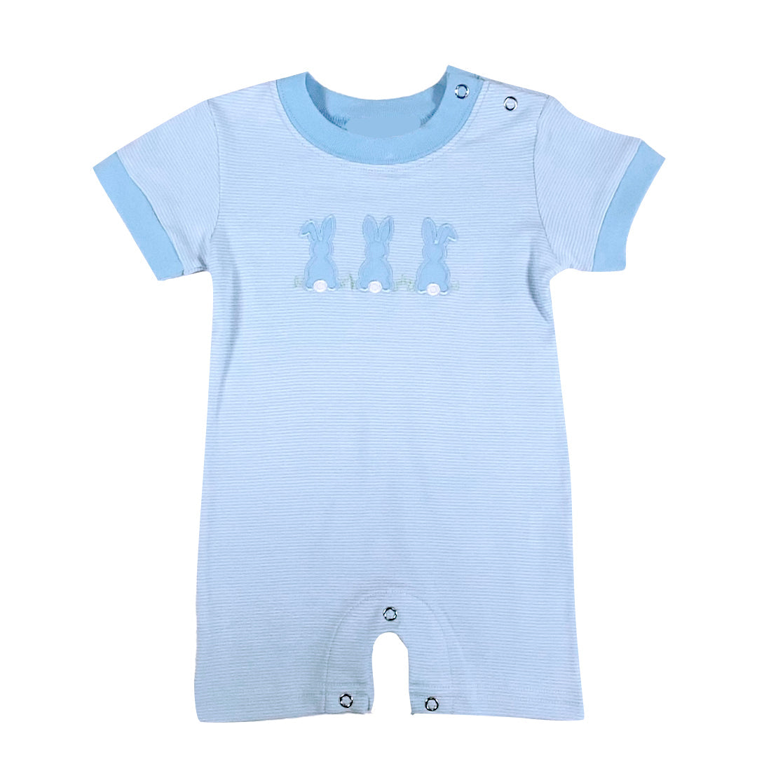 Light blue baby romper with embroider ed bunnies design on a white background