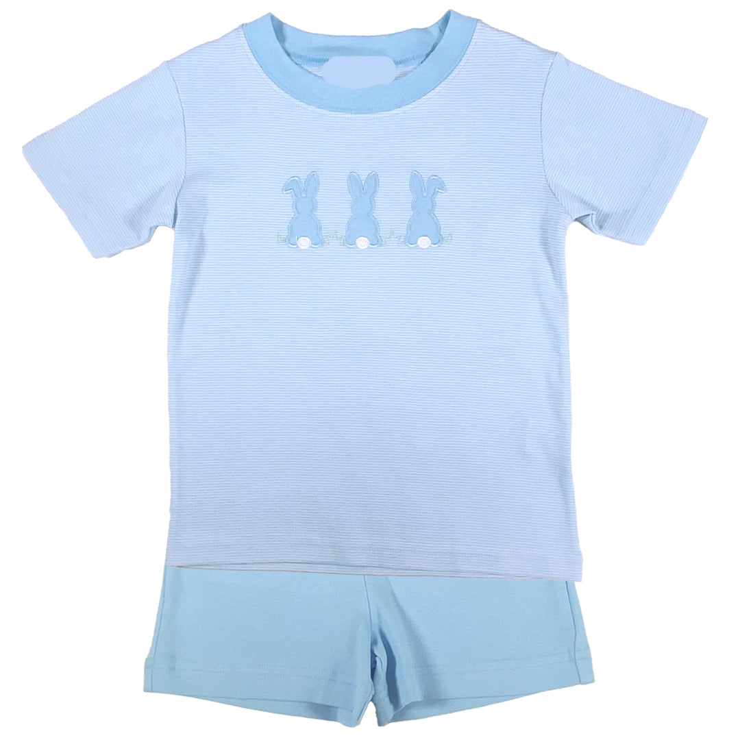Children's light blue short set with embroidered bunnies design on a white background