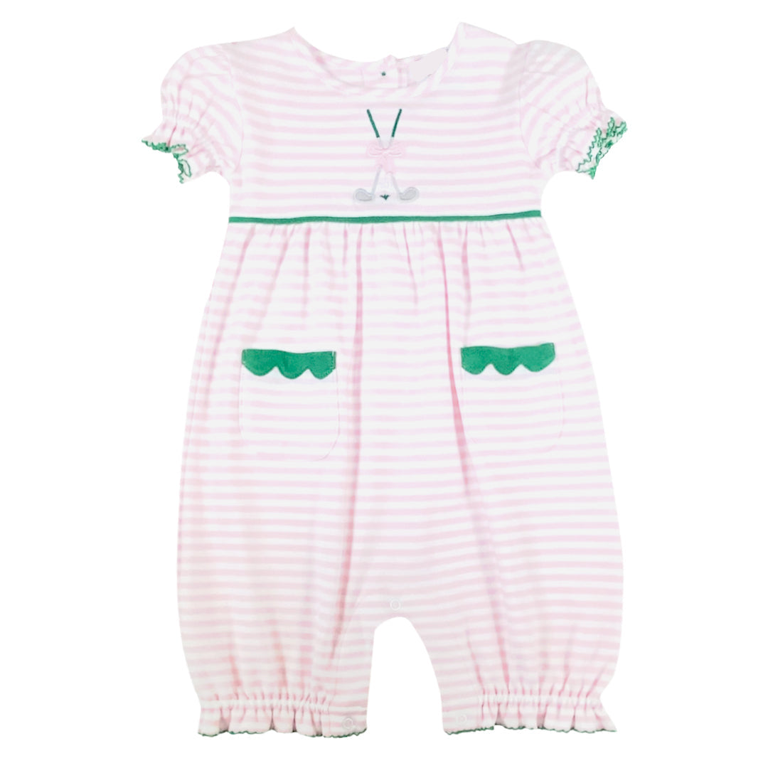 Pink and white striped baby romper with green accents on a white background