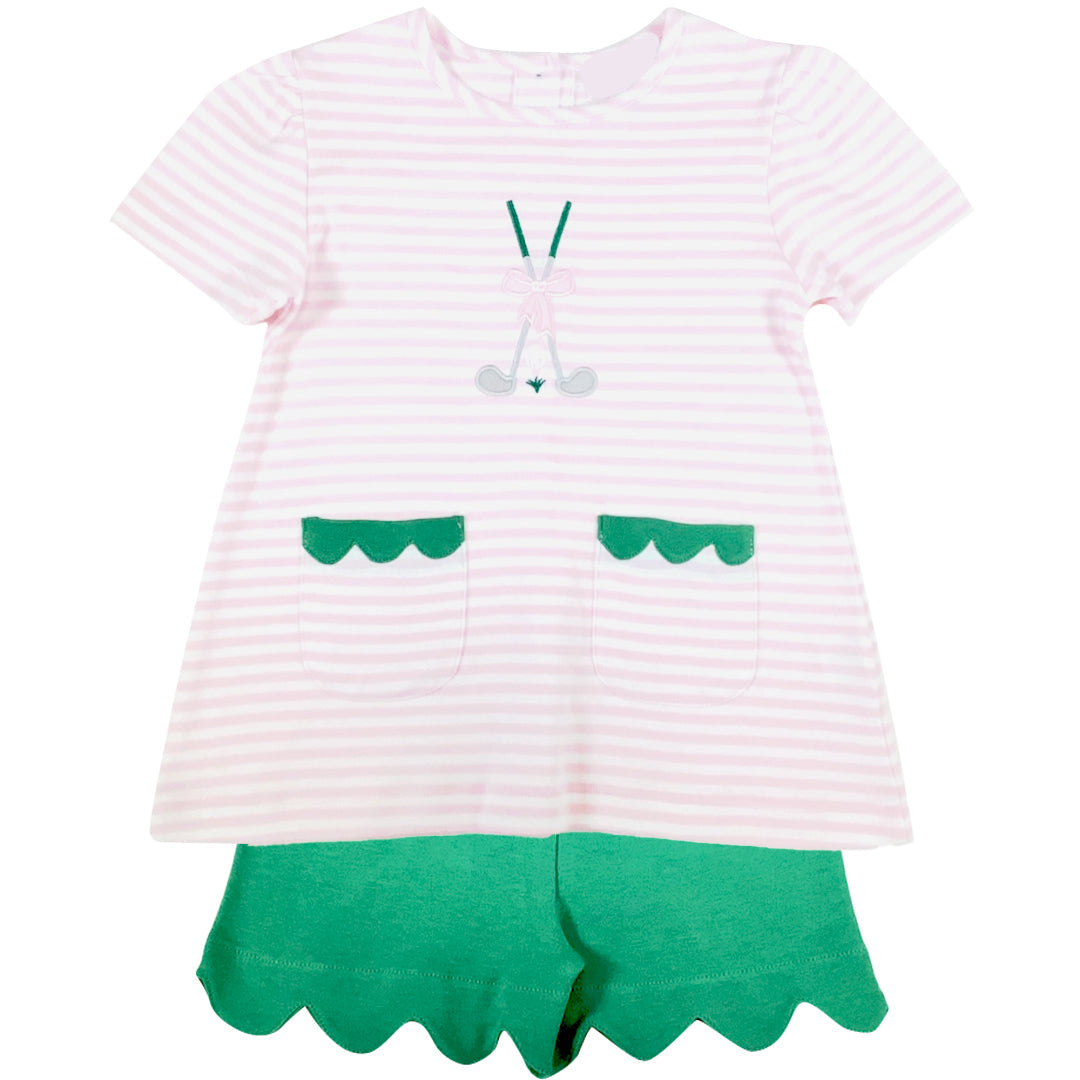 Pink and white striped dress with green accents on a white background