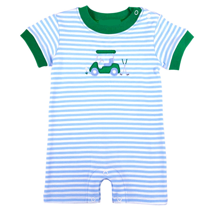 Striped baby romper with green car design on a white background