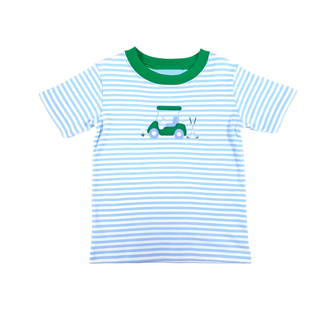 Striped t-shirt with a golf cart design on a white background