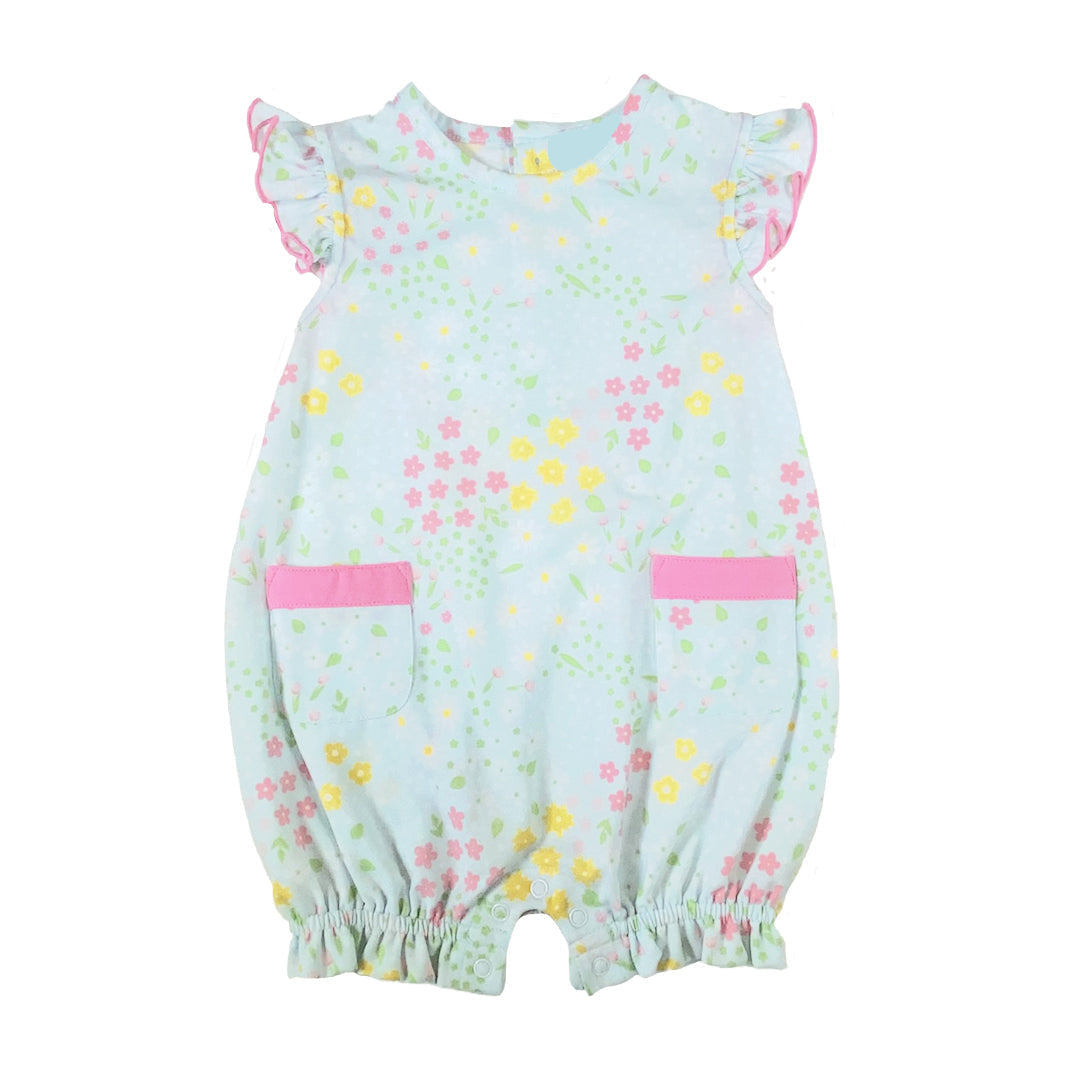 Floral-patterned baby romper with pink accents on a white background