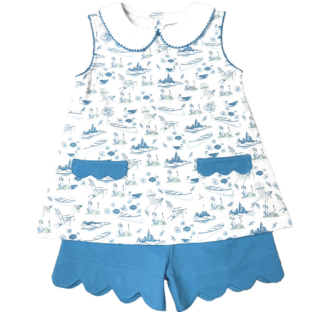Children's blue lake toile pattern short set with blue shorts on a white background