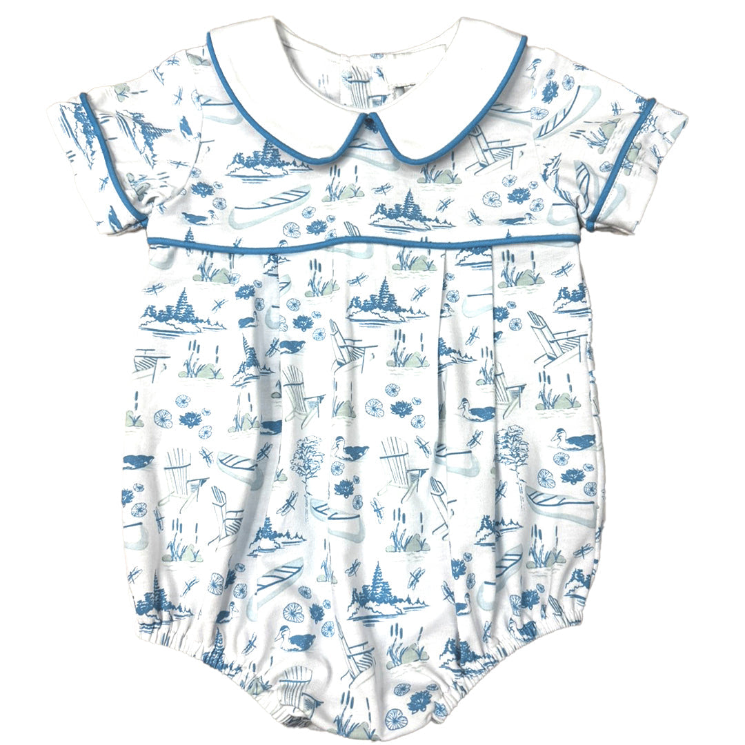 Baby romper with blue and white pattern on a white background