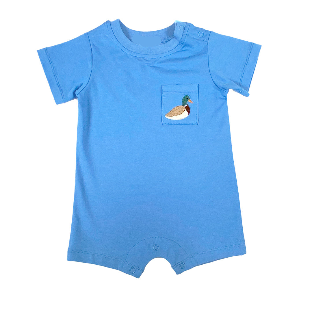 Blue baby romper with a duck design on a white background