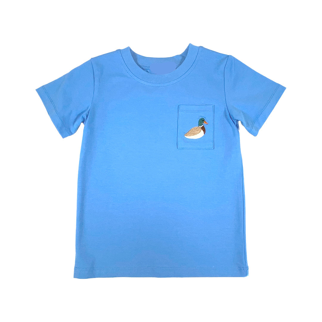 Blue t-shirt with a duck graphic on a white background