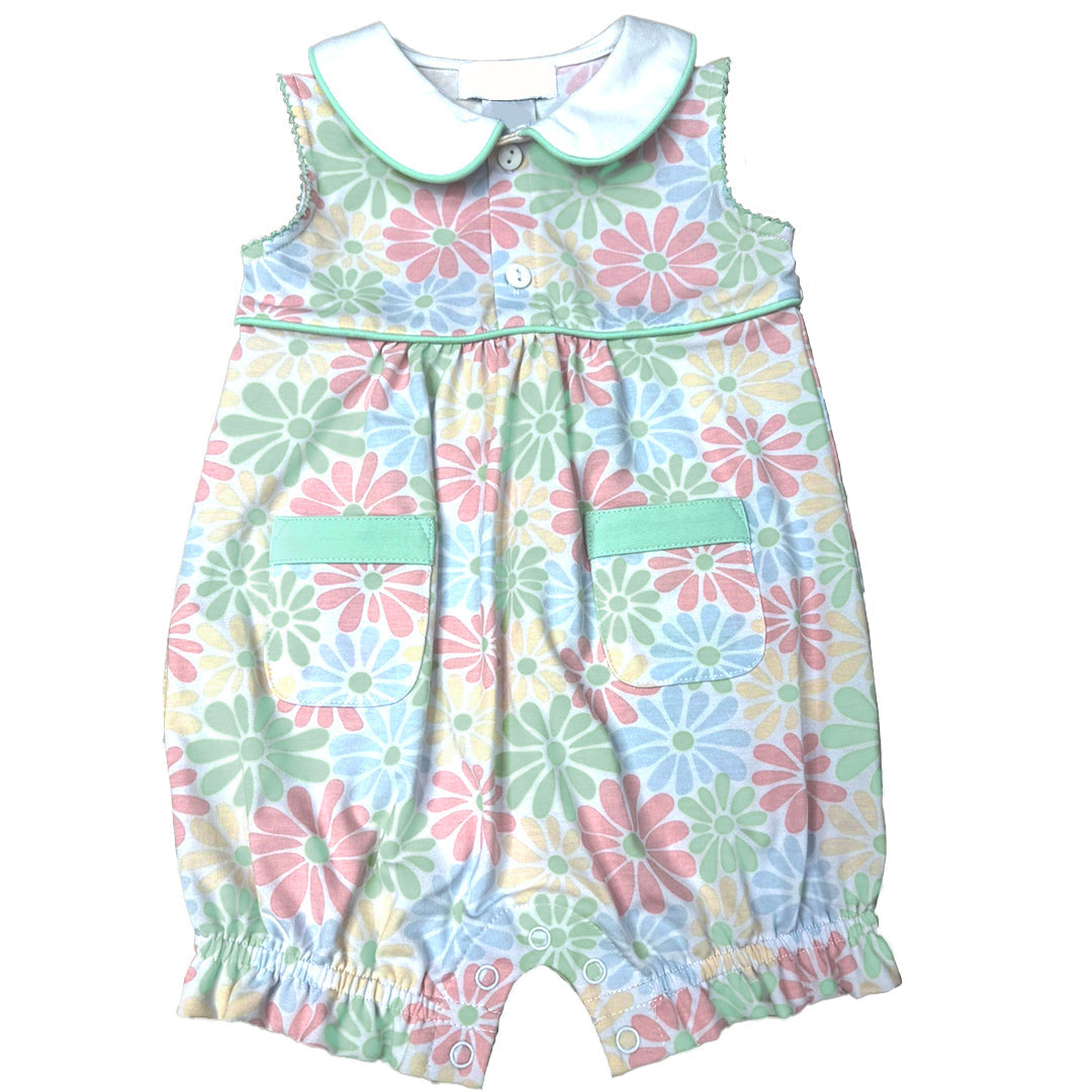 Floral-patterned baby romper with a collar on a white background