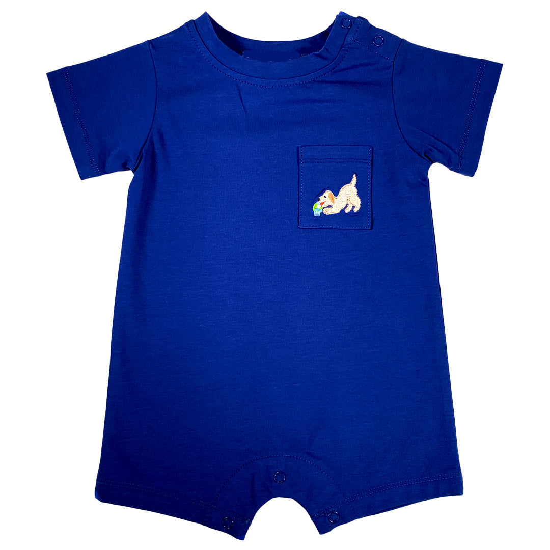 Blue baby romper with a dog graphic on a white background