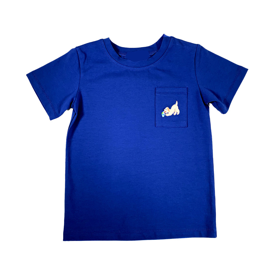 Blue t-shirt with a small pocket and embroidered design on a white background
