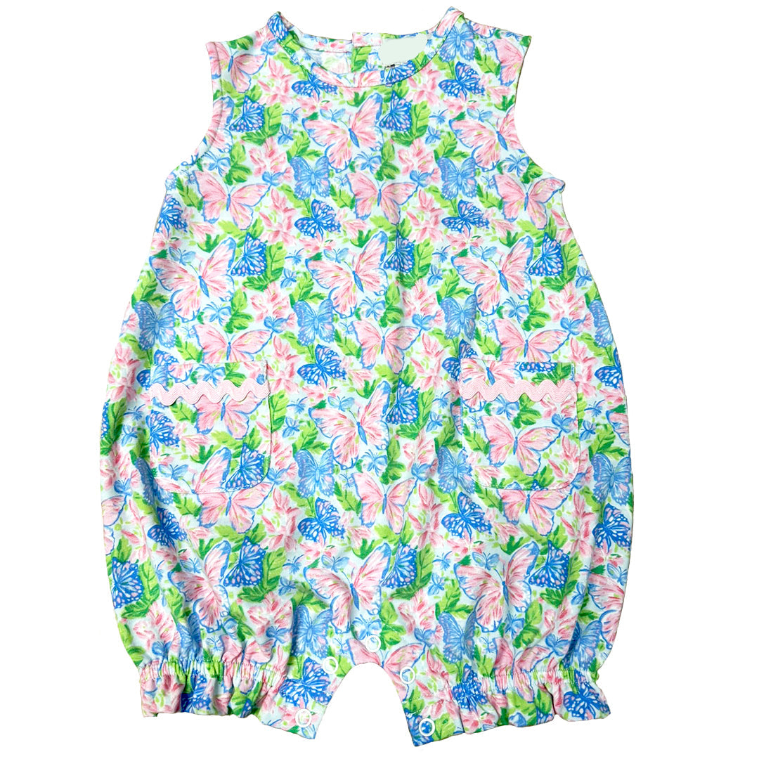 Colorful butterflies pattern on romper on a white background.