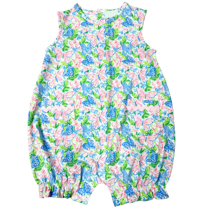 Colorful butterflies pattern on romper on a white background.