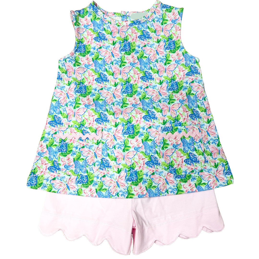 butterfly print sleeveless top and pink shorts set on a white background