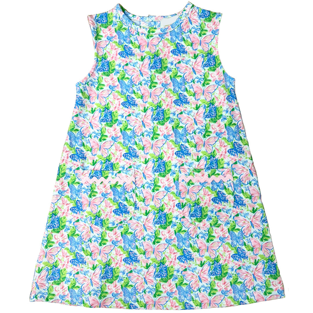 butterflies patterned dress on a white background