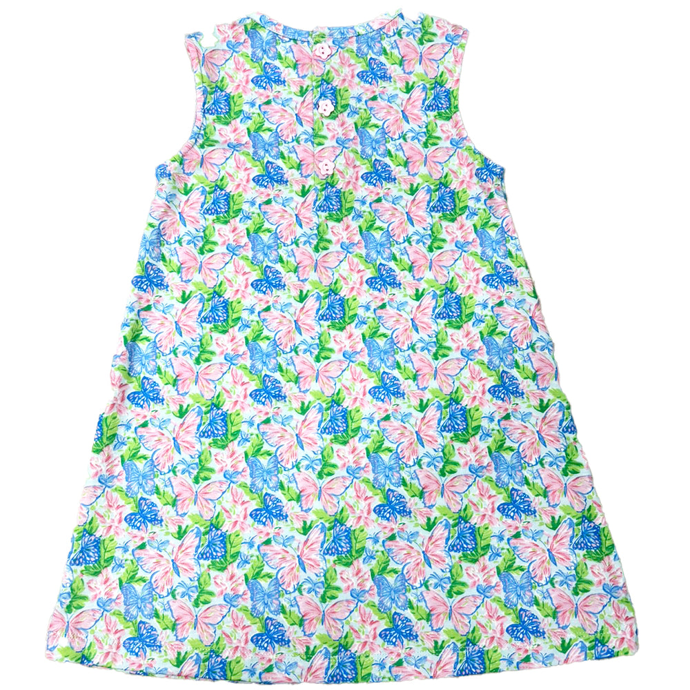 Colorful butterfly print dress with pink, blue, and green flowers on a white background