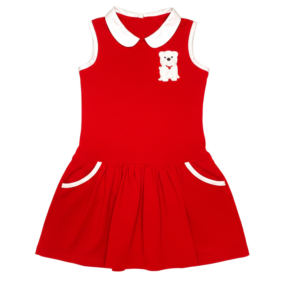 Red dress with white collar and bulldog design on a white background