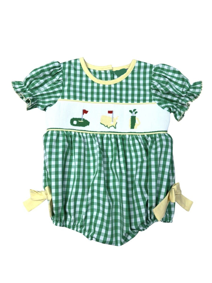 GREEN GINGHAM CHILDRENS BUBBLE WITH SMOCKED MASTERS LOGOS